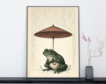 Frog With Umbrella Wall Art | Vintage Japanese Frog Print | Frog In Rain Poster | Japandi Frog Art Print | Funny Frog Umbrella Decor