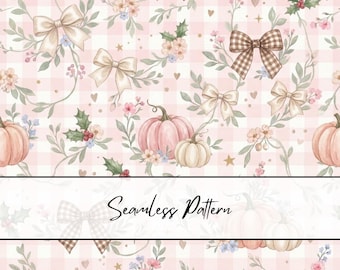 Pink Pumpkin Gingham Seamless Pattern | Coquette Fall Seamless | Pink Gingham Pumpkin Pattern | Fall Bow Digital Paper