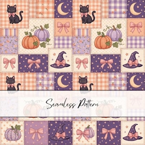 May include: A seamless pattern featuring a patchwork design of black cats with pink bows, orange and purple pumpkins, crescent moons, stars, witch hats, and pink bows on backgrounds of gingham, polka dots, and floral prints.