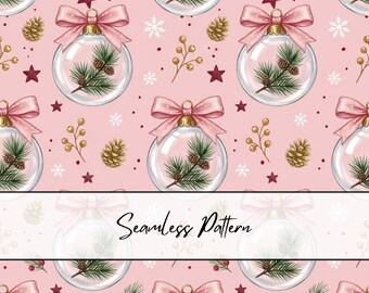 Pink Christmas Ornament Seamless Pattern|Coquette Bow Ornament Digital Paper |Girly Christmas Bauble Fabric Pattern |Pink Holiday Background