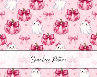 Pink Bow Ghost Pumpkin Seamless Pattern | Coquette Halloween Digital Paper | Cute Ghost Bow Pumpkin Fabric Pattern | Girly Spooky Background