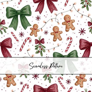 May include: A seamless pattern featuring gingerbread people, red and green bows, candy canes, mistletoe, and string lights on a white background. The text Seamless Pattern is overlaid in black script across the center of the image.