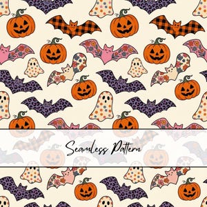 Groovy Halloween Seamless Mönster | Retro Fladdermöss, Pumpor, Spöken (Digital Nedladdning)