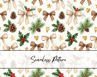 Coquette Christmas Bow Seamless Pattern | Christmas Bow Holly Seamless | Beige Bow Gingham Pattern | Christmas Pinecone Digital Paper