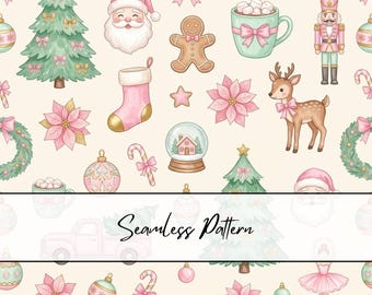 Pink Christmas Seamless Pattern | Coquette Christmas Digital Paper | Cute Pink Santa Tree Fabric Pattern | Girly Christmas Background