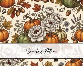 Vintage Pumpkin Floral Seamless Pattern | Fall Pumpkin Peony Seamless | Autumn Botanical Pumpkin Fabric | Fall Harvest Flower Digital Paper