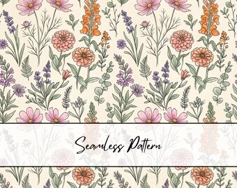 Wildflower Seamless Pattern | Spring Floral Seamless File | Cosmos Zinnia Snapdragon Pattern | Botanical Wild Flower Digital Paper