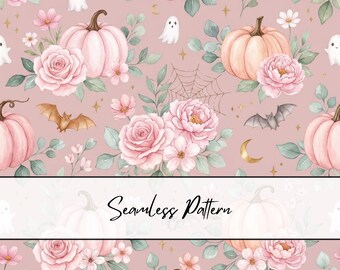 Patrón sin costuras rosa para Halloween / Patrón floral rosa de calabazas sin costuras / Patrón fantasma para Halloween / Papel digital floral bonito para Halloween / Tela de otoño