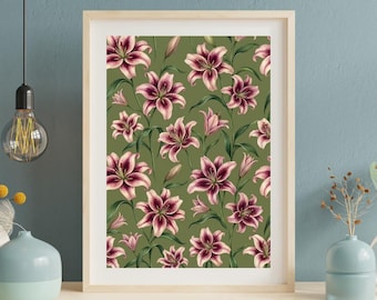 Stargazer Lily Seamless Pattern Wall Art | Green Botanical Lily Print | Pink Vintage Floral Poster | Botanical Flower Pattern Decor