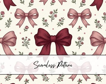 Patrón sin costuras Coquette Bow / Archivo sin costuras Burgundy Bow / Papel digital floral Pink Bow / Patrón Vintage Bow / Tela Grandmillennial Bow