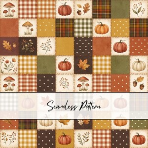 Fall Patchwork Seamless Pattern | Pumpkin Mushroom Quilt Fabric | Autumn Gingham Plaid Digital Paper | Cottagecore Fall Seamless File