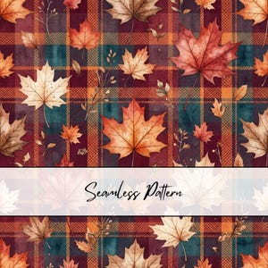 May include: A seamless pattern featuring watercolour maple leaves in shades of orange, red, and brown scattered over a dark plaid background of maroon, teal, and orange lines. A horizontal white banner across the centre displays the text Seamless Pattern.