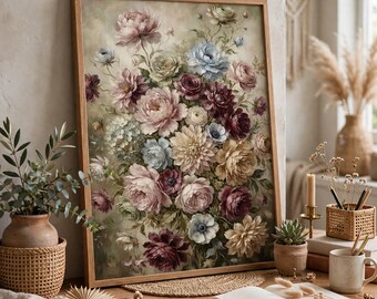 Moody Floral Wall Art |Vintage Peony Dahlia Print |Antique Flower Bouquet Poster | Boho Cottagecore Floral Decor | Romantic Floral Art Print