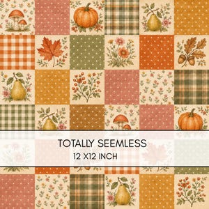 Motivo patchwork autunnale senza cuciture / Motivo per trapunte autunnali / Motivo zucca e funghi / Tessuto autunnale vintage / Motivo a quadretti Gingham / Commerciale
