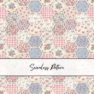 May include: A seamless pattern featuring a repeating hexagonal grid design. Each hexagon contains distinct prints including pink and blue floral motifs, pink gingham checks, and small pink bows on cream backgrounds. The text Seamless Pattern is centered.
