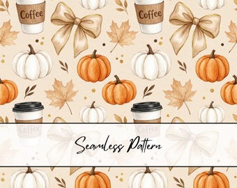 Fall Coffee Seamless Pattern | Pumpkin Coffee Cup Seamless | Coquette Bow Pumpkin Pattern | Autumn Pumpkin Spice Digital Paper | Fall Fabric
