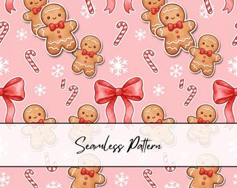 Gingerbread Seamless Pattern | Pink Christmas Seamless File | Cute Gingerbread Digital Paper | Candy Cane Bow Seamless Pattern