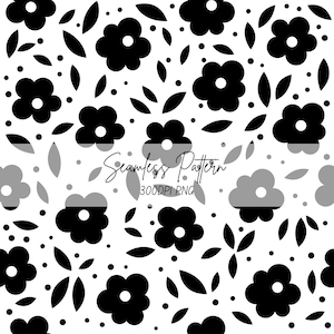May include: A seamless pattern featuring black stylized flowers with white circular centers, interspersed with black leaves and small black dots on a white background. The text Seamless Pattern 300DPI PNG is centered across the middle.