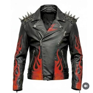Black Flame Leather Jacket Men Punk Gothic Biker Studded Handmade Alternative Streetwear Coat