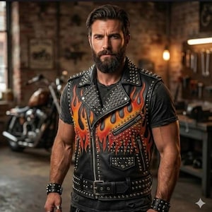 Gilet motard en cuir flammé clouté pour hommes, gilet motard blanc