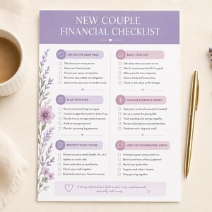 May include: A white paper checklist titled NEW COUPLE FINANCIAL CHECKLIST with purple headers and lavender floral illustrations on the left side. The document contains six sections with checkboxes for financial planning, including Get on the Same Page.