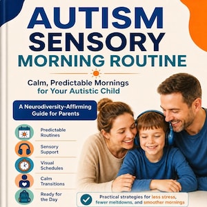 Può includere: Una copertina di libro intitolata AUTISM SENSORY MORNING ROUTINE. Il testo recita Calm, Predictable Mornings for Your Autistic Child e A Neurodiversity-Affirming Guide for Parents. Include icone per routine e supporto sensoriale.