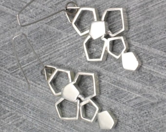 Extra Long Dangle Earrings, 6 Silver Pentagons Welded into a Geometric Flower, Trendy, Boho, Urban