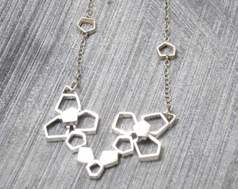 Silver Necklace, 2 Geometric Flowers Welded Together, and a Sterling Silver Chain with Small pentagons, Boho, Trendy, Urban, Bold