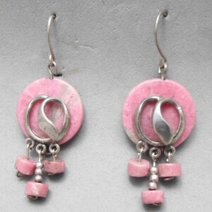 Long Dangle Silver Earrings with Pink  Rhodonite Disc-Shaped Stone, and Silver Ornaments and Charms, Vintage Inspired