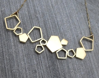 Geometric Necklace with 12 Gold Pentagons, Contemporary, Trendy,
