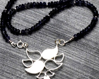 Statement Pendant Necklace, Dark Blue Beads with Silver Pendant of Stylized Leaves, Festive, Wedding, Fine jewelry