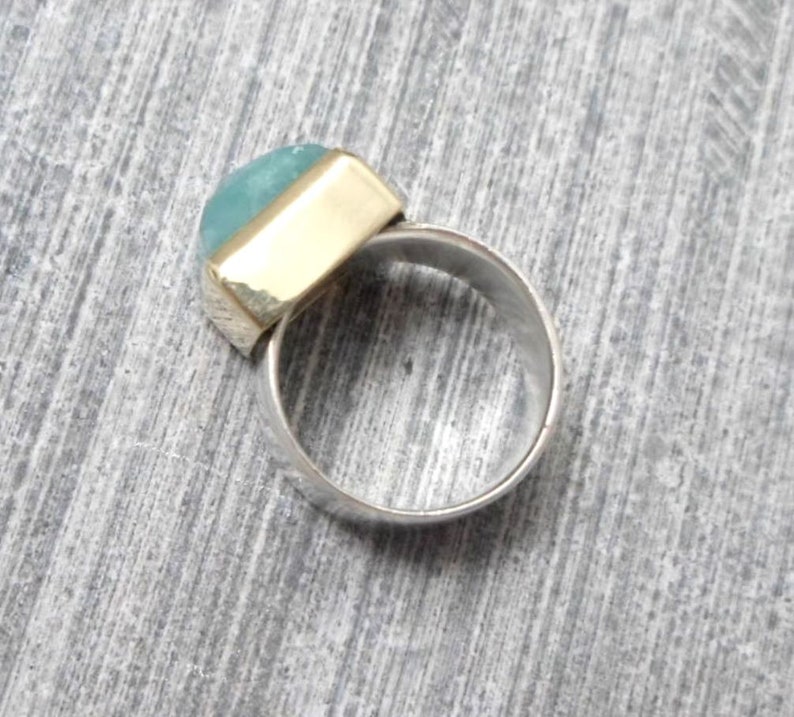 Green Ring, 9k Gold Square Bezel with Amazonite Stone Stacking over a Silver Band, For Small Finger image 2
