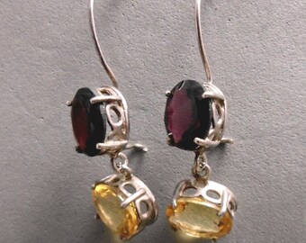 Long Dangle Silver Earrings, 2 Bezels Inlaid with Red Garnet and Yellow Citrine, Vintage Inspired, Classic, Retro, Any Outfit, Romantic