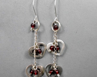Silver Heart Earrings, Long Dangle, 2 Designed Hearts with Red Garnet Beads, Romantic, Joyful,
