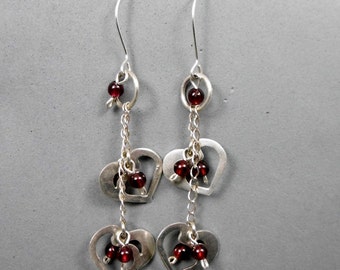 Silver Heart Earrings, Long Dangle, 2 Designed Hearts with Red Garnet Beads, Romantic, Joyful, Valentines, for women and Teens