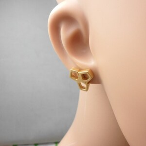 Geometric Gold Stud Earrings of 3 Hollow and Uneven Pentagons, Nickel Free, Dainty, Delicate, for Women and Teens, Casual, Trendy, Dainty image 3