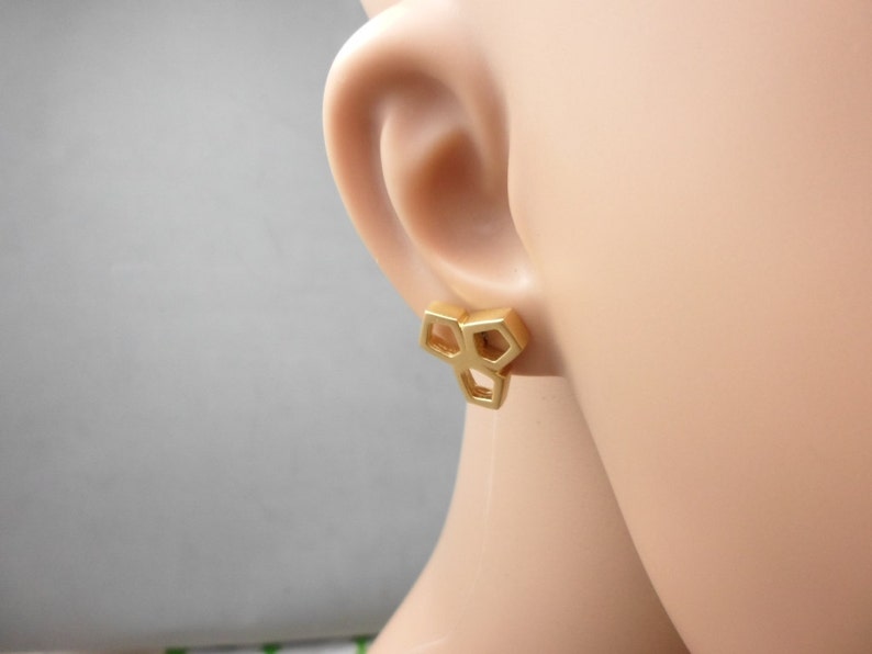 Geometric Gold Stud Earrings of 3 Hollow and Uneven Pentagons, Nickel Free, Dainty, Delicate, for Women and Teens, Casual, Trendy, Dainty image 3