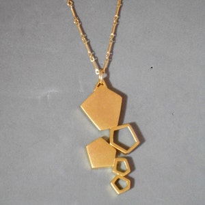 Gold Geometric Pendant, 5 Pentagons, Various sizes, Asymmetric, Contemporary, Boho, Trendy, Urban