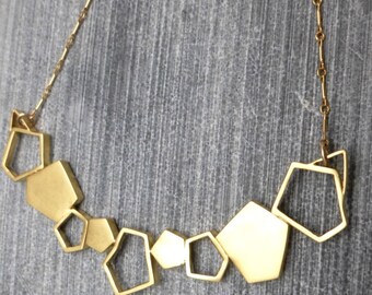 Geometric Necklace, 9 Gold Plated Pentagons, Contemporary, Urban, Boho,