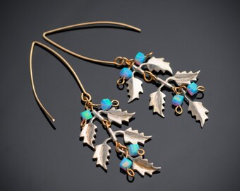 Leaves Earrings, Dangle, Cluster of 5 Small Silver Leaves with 4 Opal Beads and GF Hook,