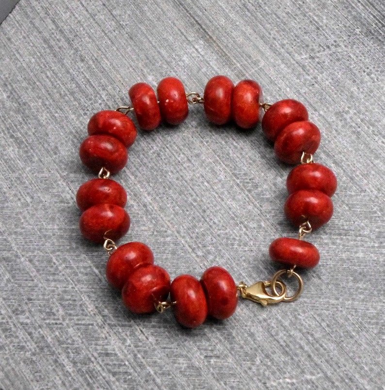 Rustic Vintage Inspired Valentines Romantic Red Bracelet Coral Beads Threaded on Gold Filled Wire