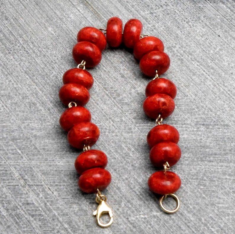 Rustic Vintage Inspired Valentines Romantic Red Bracelet Coral Beads Threaded on Gold Filled Wire