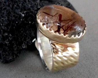 9k Gold Rutile Quartz Statement Ring, Sterling Silver Band, Oval Bezel Gemstone