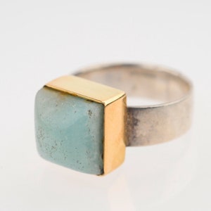 Green Ring, 9k Gold Square Bezel with Amazonite Stone Stacking over a Silver Band, For Small Finger image 7