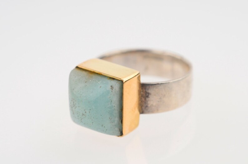 Green Ring, 9k Gold Square Bezel with Amazonite Stone Stacking over a Silver Band, For Small Finger image 7