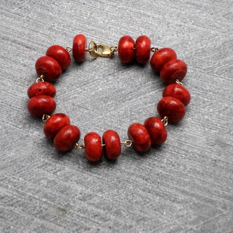 Rustic Vintage Inspired Valentines Romantic Red Bracelet Coral Beads Threaded on Gold Filled Wire