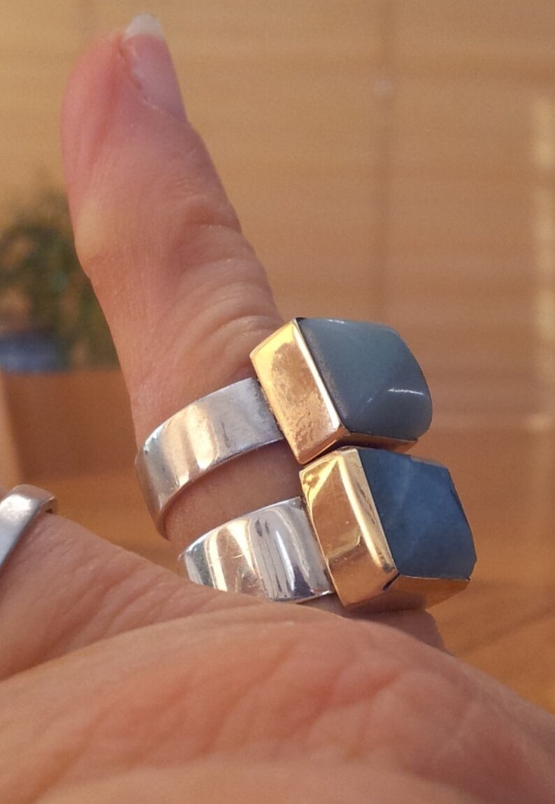 Green Ring, 9k Gold Square Bezel with Amazonite Stone Stacking over a Silver Band, For Small Finger image 4