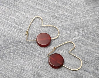 Hoop Earrings, Heart Shaped Gold Filled Wire and Red & Brown Carnelian, Casual, Romantic, Teens, Women, Valentine