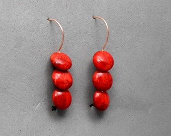 Red Earrings, Long Dangle, 3 Red Coral Beads, Lentil-Shaped, Gold Filled Wire, Valentines, Nickel Free, Light, for Women and Teens