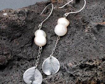 Pearl  Earrings with  Silver Leaves, Extra Long, White Twin Pearls and electroformed Leaf, Silver Hook